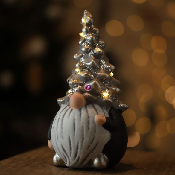 Karácsonyi Manó toboz sapkában LED világítással kerámia 8,5x8,5x18 cm ezüst, barna