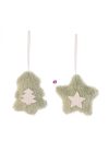 Akasztós dísz csillag, fenyő textil 8cm zöld, fehér 2 féle