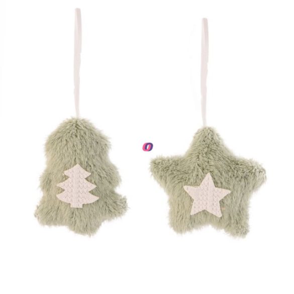 Akasztós dísz csillag, fenyő textil 8cm zöld, fehér 2 féle