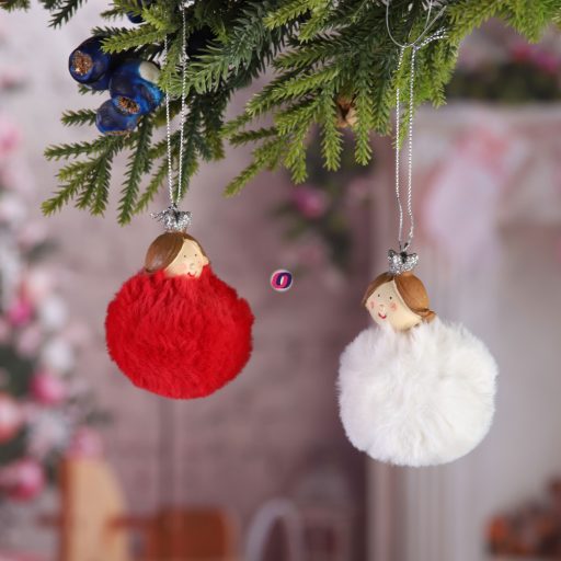 Gömb kislánnyal akasztós textil 6,5x6,5x11cm piros, fehér 2 féle