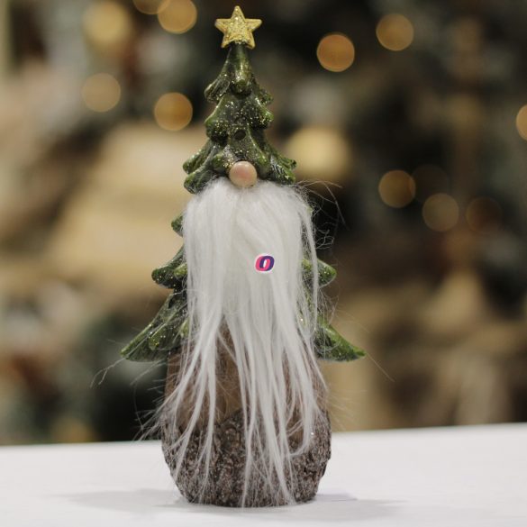 Karácsonyi Manó fenyő sapkában LED-es poly 9x5,5x16cm zöld, barna