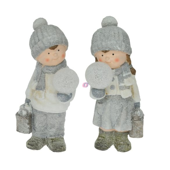 Nagyméretű karácsonyi világító figura fiú, lány gömbbel, szürke 44 cm 2 f.