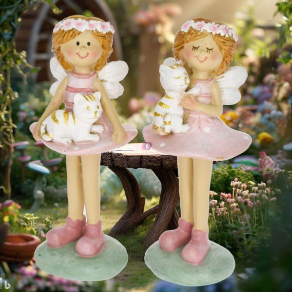 Tavaszi tündér figura ölében cicával poly 10,5cm rózsaszín, zöld 2 féle (1db)