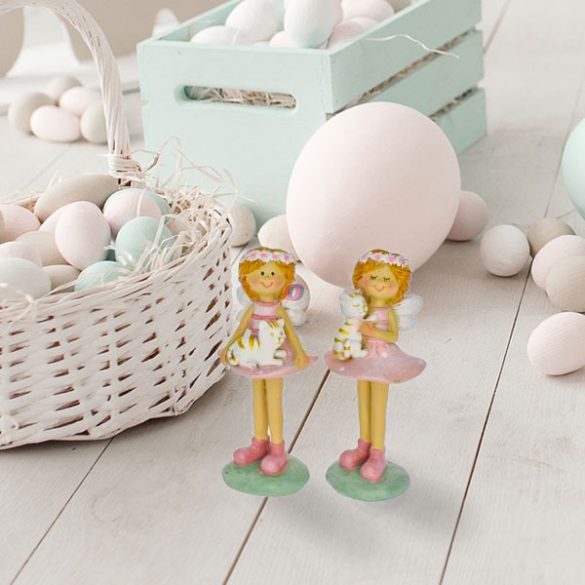 Tavaszi tündér figura ölében cicával poly 10,5cm rózsaszín, zöld 2 féle (1db)