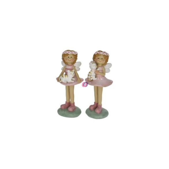 Tavaszi tündér figura ölében cicával poly 10,5cm rózsaszín, zöld 2 féle (1db)