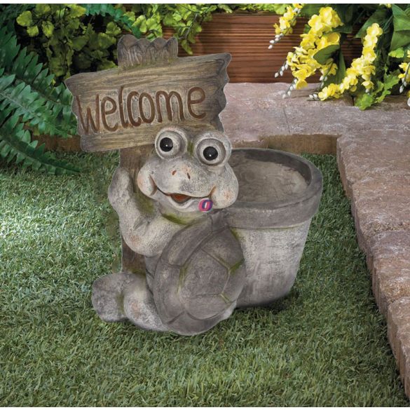 Kaspó dekor teknőssel, "Welcome" táblával kerámia 34cm szürke