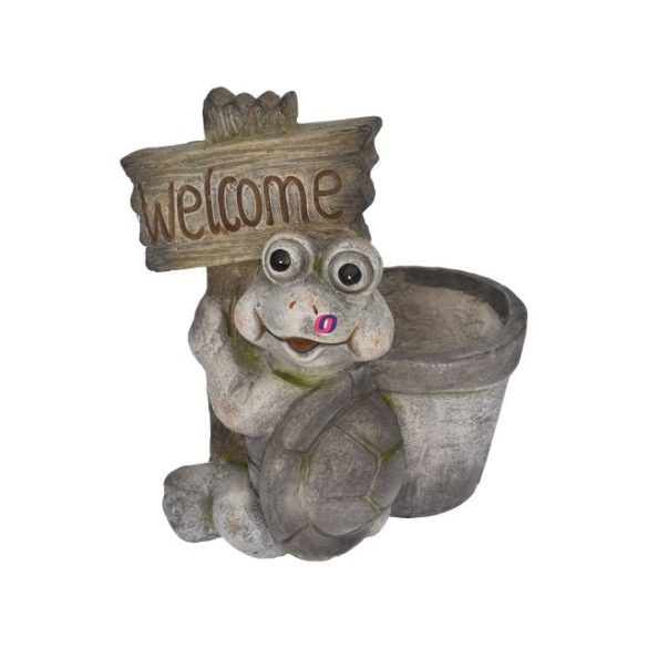 Kaspó dekor teknőssel, "Welcome" táblával kerámia 34cm szürke