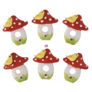   Gomba dekor szett madárral öntapadós poly 3,4x2,9x0,8cm piros, sárga 6 db-os