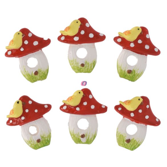 Gomba dekor szett madárral öntapadós poly 3,4x2,9x0,8cm piros, sárga 6 db-os