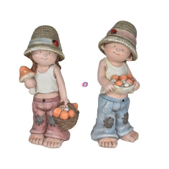 XL Kerti figura Gyerek fiú, lány gombával, kosárral kerámia 45cm rózsaszín, kék 2 féle (1db)