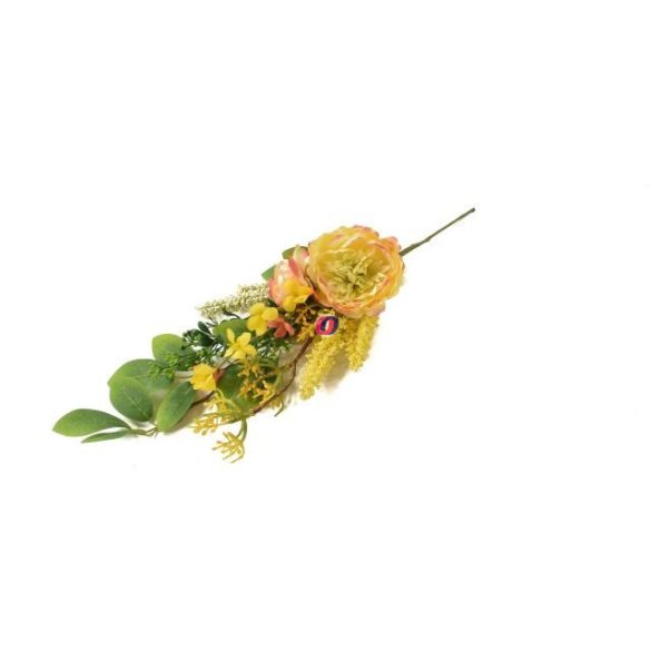 Selyemvirág ág peoniával, hortenziával 50cm zöld, sárga