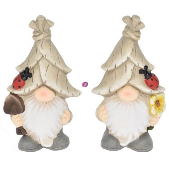 Kerti figura manó ásóval, virággal álló kerámia 16,5cm bézs 2 féle (1db)
