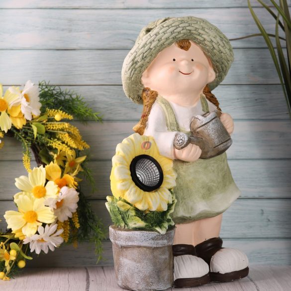 XL Gyerek fiú, lány virággal, Welcome táblával napelemes álló kerámia 42cm fehér, zöld 2 féle (1db)