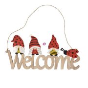   Ajtódísz welcome felirat, manókkal akasztós fa 30cm natúr, piros
