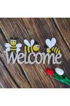 Tavaszi ajtódísz welcome felirat, méhecskével akasztós fa 30cm natúr, sárga