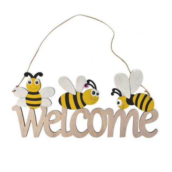 Tavaszi ajtódísz welcome felirat, méhecskével akasztós fa 30cm natúr, sárga