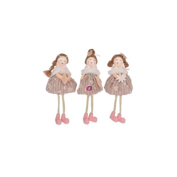 Lány csipkés ruhában lógólábú textil 21cm rózsaszín, fehér 3 féle (1db)