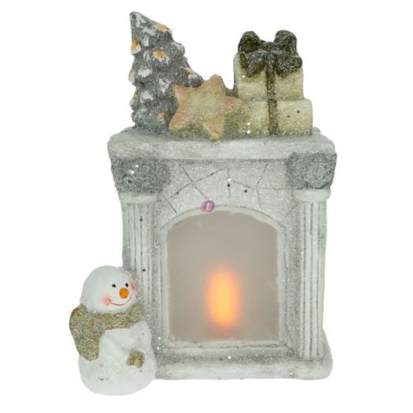 Kandalló hóemberrel, LED-es, glitteres, kerámia, 26x15x36 cm, szürke, fehér