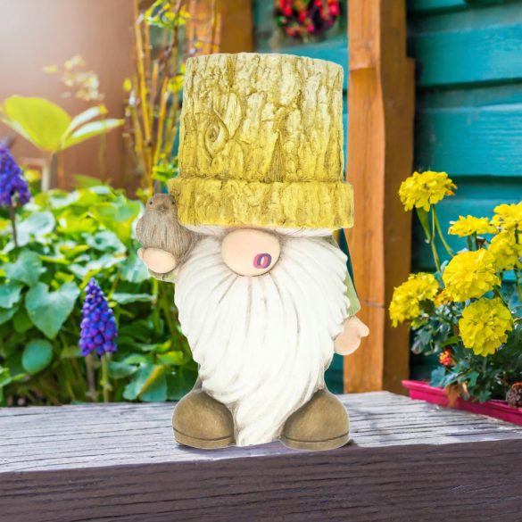 XL Prémium kerti figura Manó álló, ültethető 34 cm madárral