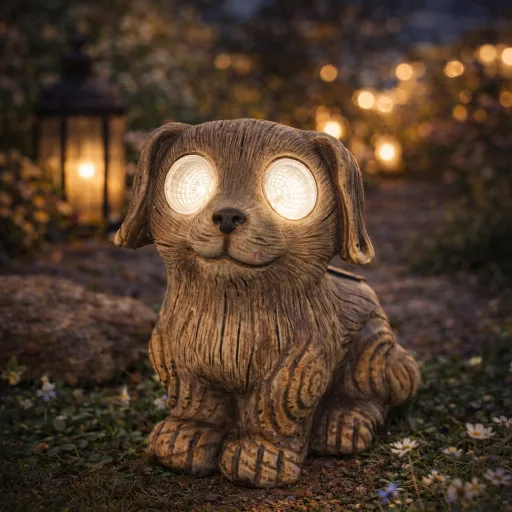Cuki napelemes kutya figura fa hatású 15 cm LED-del kültéri dekoráció