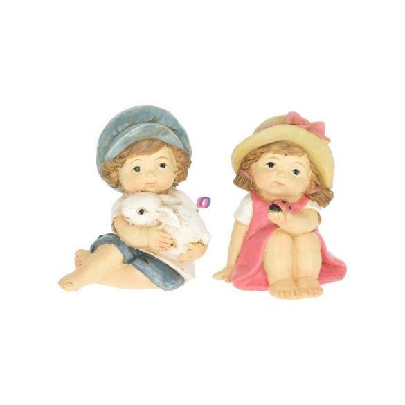 Tavaszi cuki figura, fiú vagy, lány kalapban, nyuszival, katicával ülő 8 cm 2 féle