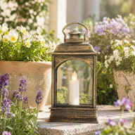 Lámpás LED-es gyertyával rusztikus réz 15x6cm