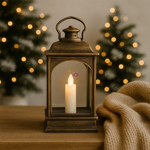 Lámpás LED-es gyertyával rusztikus réz 15x6cm