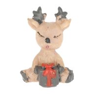   Szarvas ajándékkal ülő poly 2,5x1,9x3,5 cm barna, piros 4 db-os szett