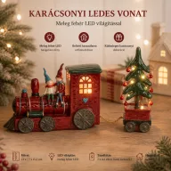 Prémium karácsonyi vonat enyővel, manókkal, LED-es 23 cm