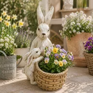 Nyúl kosárral, kisnyúllal álló 30x22x43 cm