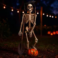   Animált Halloweeni csontváz ásóval, töklámpással, Led világítással 90 cm
