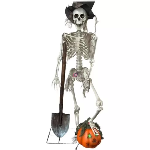 Animált Halloweeni csontváz ásóval, töklámpással, Led világítással 90 cm