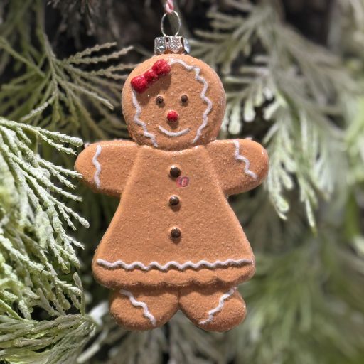 Mézeskalács figura lány akasztós, glitteres műanyag 7,6x2,5x11 cm bézs, fehér