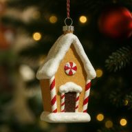   Mézeskalács ház akasztós, glitteres műanyag 6,2x5,4x12,3 cm bézs, fehér