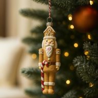   Mézeskalács diótörő akasztós, glitteres műanyag 4,2x2,8x12,6 cm bézs, fehér