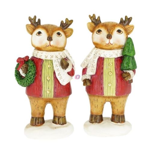 Szarvas fenyővel, koszorúval álló poly 5,5x4,5x12,5 cm barna, piros 2 féle