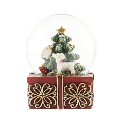 Rázógömb dobozon, karácsonyfával, őzzel poly, üveg 8,5x6,5 cm színes