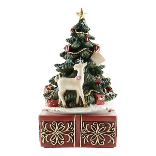 Karácsonyfa ajándékdobozon, forgó, zenélő poly 19x10,8 cm színes