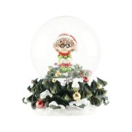   Rázógömb, karácsonyfán ülő manóval, zenélő poly, üveg 15x12 cm színes