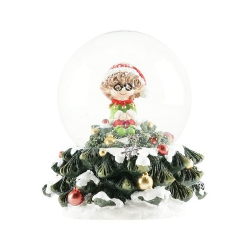 Rázógömb, karácsonyfán ülő manóval, zenélő poly, üveg 15x12 cm színes