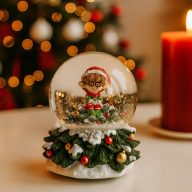 Hógömb karácsonyfán ülő manóval 8,7x7,5 cm