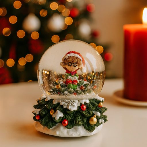 Hógömb karácsonyfán ülő manóval 8,7x7,5 cm