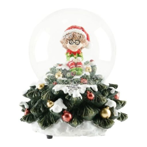 Hógömb karácsonyfán ülő manóval 8,7x7,5 cm