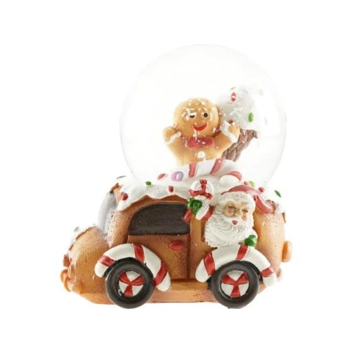 Rázógömb kisautón, mézeskaláccsal, Mikulással (6,8 × 6 cm)