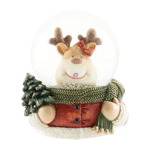 Rázógömb rénszarvassal, fenyővel poly, üveg 9,3x7 cm színes