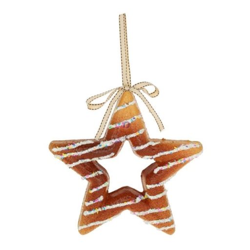 Mézeskalács csillag cukormázzal, akasztós polyfoam 21x21x2,5 cm barna, fehér