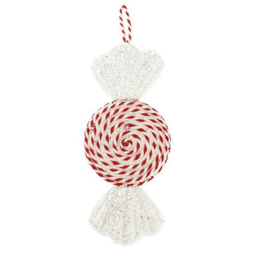 Cukorka spirál mintás, óriás, akasztós flitteres polyfoam 32x12x6 cm fehér, piros