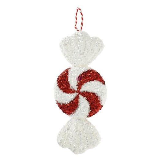 Cukorka forgó mintás, óriás, akasztós flitteres polyfoam 32x12x6 cm fehér, piros