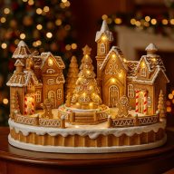   Dioráma mézeskalács város fenyővel, mozgó figurákkal, LED-es (31,5 × 20,3 × 22,5 cm)