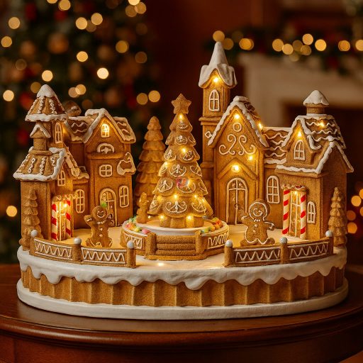 Dioráma mézeskalács város fenyővel, mozgó figurákkal, LED-es (31,5 × 20,3 × 22,5 cm)